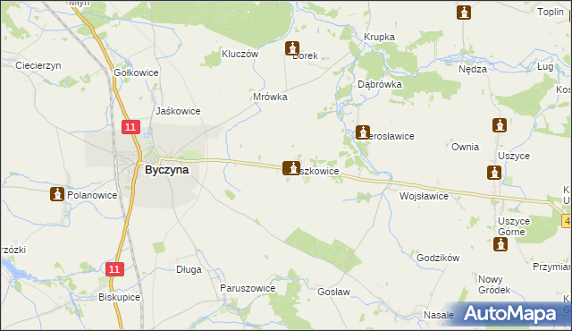 mapa Roszkowice gmina Byczyna, Roszkowice gmina Byczyna na mapie Targeo