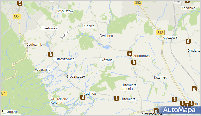 mapa Różana gmina Stoszowice, Różana gmina Stoszowice na mapie Targeo