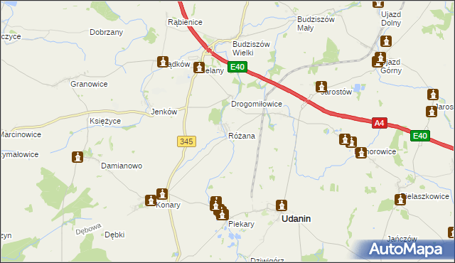 mapa Różana gmina Udanin, Różana gmina Udanin na mapie Targeo