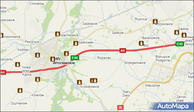 mapa Różaniec gmina Kąty Wrocławskie, Różaniec gmina Kąty Wrocławskie na mapie Targeo