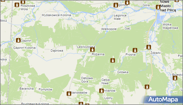 mapa Różanna gmina Odrzywół, Różanna gmina Odrzywół na mapie Targeo