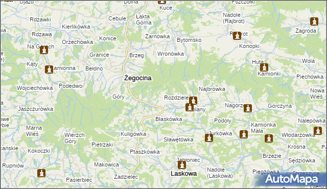 mapa Rozdziele gmina Żegocina, Rozdziele gmina Żegocina na mapie Targeo