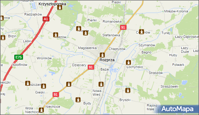 mapa Rozprza powiat piotrkowski, Rozprza powiat piotrkowski na mapie Targeo