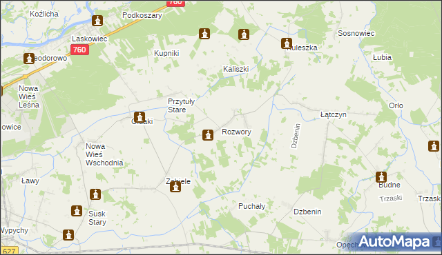 mapa Rozwory gmina Rzekuń, Rozwory gmina Rzekuń na mapie Targeo