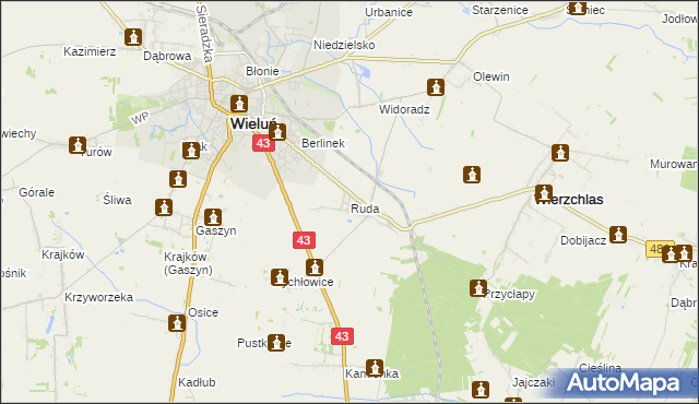 mapa Ruda gmina Wieluń, Ruda gmina Wieluń na mapie Targeo