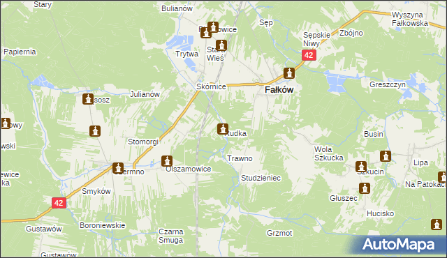 mapa Rudka gmina Fałków, Rudka gmina Fałków na mapie Targeo