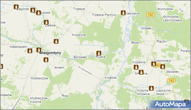 mapa Rudka gmina Wielgomłyny, Rudka gmina Wielgomłyny na mapie Targeo