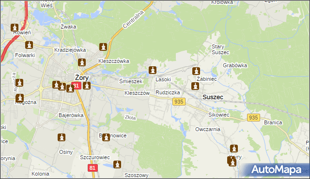 mapa Rudziczka gmina Suszec, Rudziczka gmina Suszec na mapie Targeo