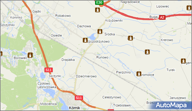 mapa Runowo gmina Kórnik, Runowo gmina Kórnik na mapie Targeo