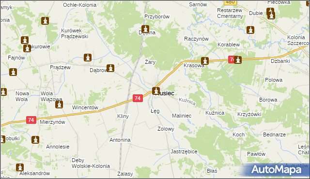 mapa Rusiec powiat bełchatowski, Rusiec powiat bełchatowski na mapie Targeo