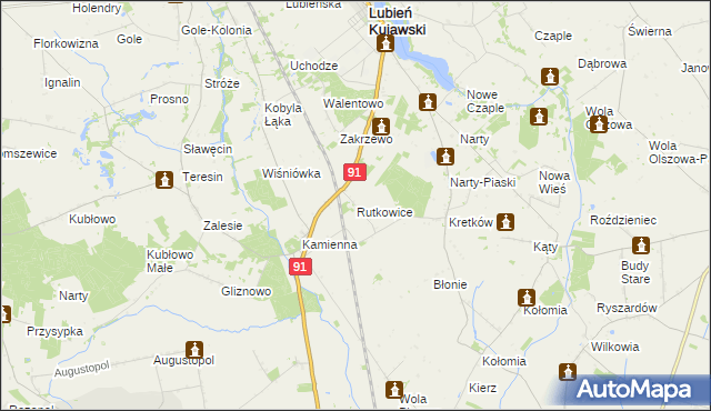 mapa Rutkowice gmina Lubień Kujawski, Rutkowice gmina Lubień Kujawski na mapie Targeo