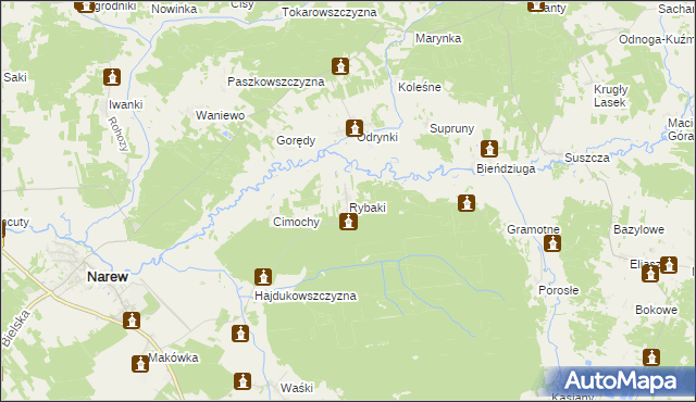 mapa Rybaki gmina Narew, Rybaki gmina Narew na mapie Targeo