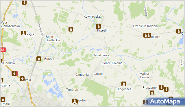 mapa Rybakówka gmina Siedlce, Rybakówka gmina Siedlce na mapie Targeo