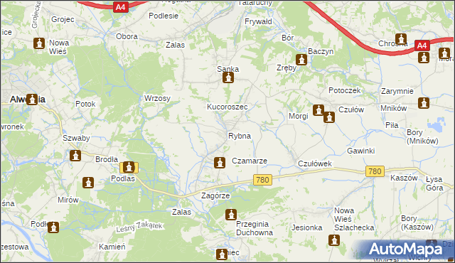 mapa Rybna gmina Czernichów, Rybna gmina Czernichów na mapie Targeo