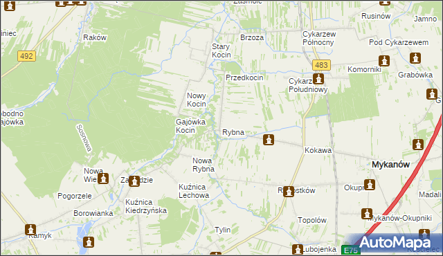 mapa Rybna gmina Mykanów, Rybna gmina Mykanów na mapie Targeo