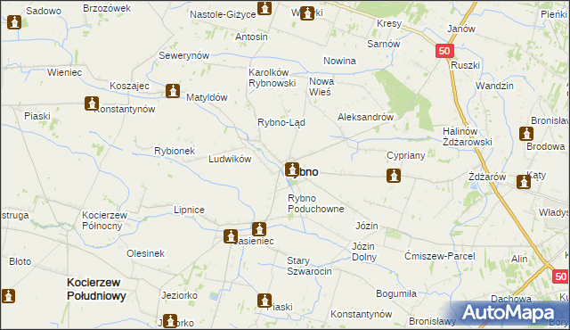 mapa Rybno powiat sochaczewski, Rybno powiat sochaczewski na mapie Targeo