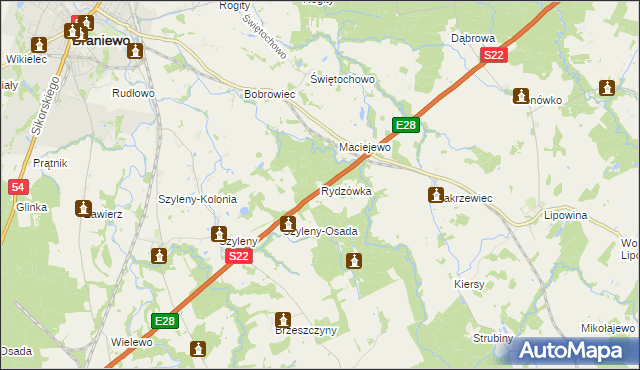 mapa Rydzówka gmina Braniewo, Rydzówka gmina Braniewo na mapie Targeo