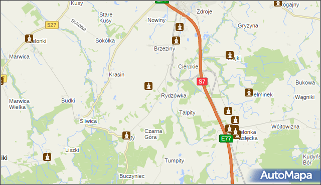 mapa Rydzówka gmina Pasłęk, Rydzówka gmina Pasłęk na mapie Targeo