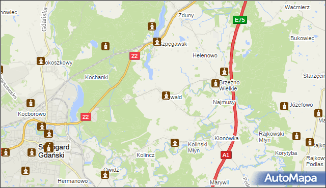 mapa Rywałd gmina Starogard Gdański, Rywałd gmina Starogard Gdański na mapie Targeo