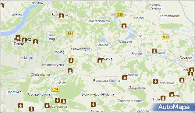 mapa Rzeczyca gmina Kazimierz Dolny, Rzeczyca gmina Kazimierz Dolny na mapie Targeo