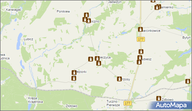 mapa Rzeczyca gmina Tuczno, Rzeczyca gmina Tuczno na mapie Targeo