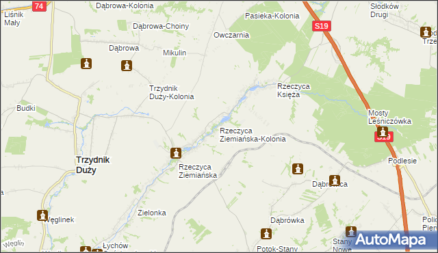 mapa Rzeczyca Ziemiańska-Kolonia, Rzeczyca Ziemiańska-Kolonia na mapie Targeo