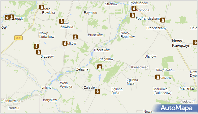 mapa Rzędków gmina Nowy Kawęczyn, Rzędków gmina Nowy Kawęczyn na mapie Targeo