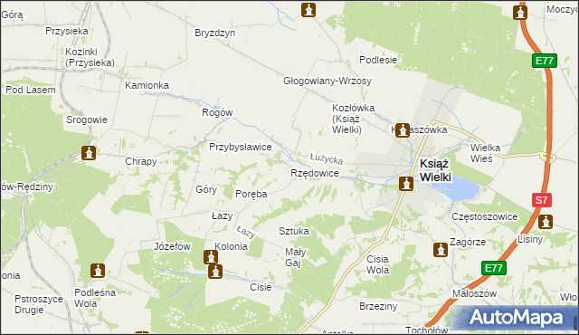 mapa Rzędowice gmina Książ Wielki, Rzędowice gmina Książ Wielki na mapie Targeo