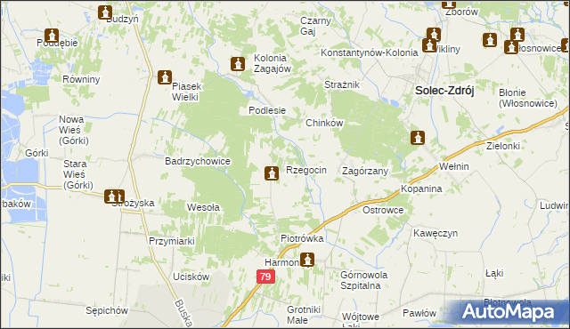 mapa Rzegocin gmina Nowy Korczyn, Rzegocin gmina Nowy Korczyn na mapie Targeo