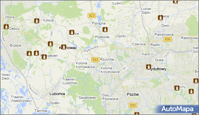 mapa Rzuchów gmina Kornowac, Rzuchów gmina Kornowac na mapie Targeo