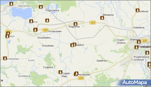 mapa Sadlno gmina Trzebiatów, Sadlno gmina Trzebiatów na mapie Targeo