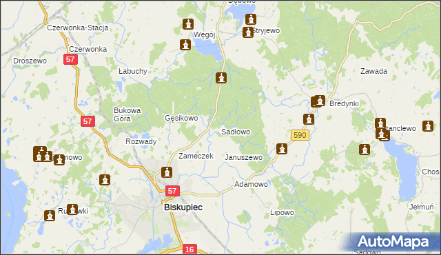 mapa Sadłowo gmina Biskupiec, Sadłowo gmina Biskupiec na mapie Targeo