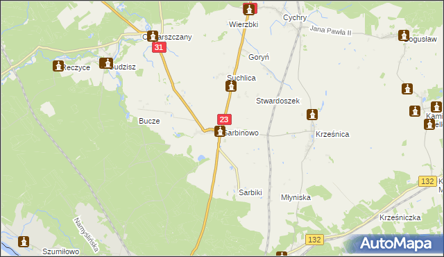 mapa Sarbinowo gmina Dębno, Sarbinowo gmina Dębno na mapie Targeo