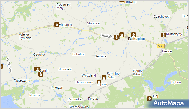 mapa Sędzice gmina Biskupiec, Sędzice gmina Biskupiec na mapie Targeo