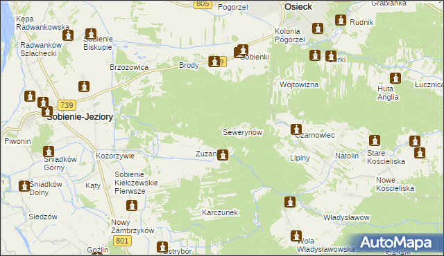 mapa Sewerynów gmina Sobienie-Jeziory, Sewerynów gmina Sobienie-Jeziory na mapie Targeo