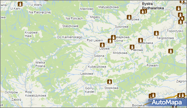 mapa Sidzina gmina Bystra-Sidzina, Sidzina gmina Bystra-Sidzina na mapie Targeo