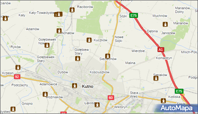 mapa Sieciechów gmina Kutno, Sieciechów gmina Kutno na mapie Targeo