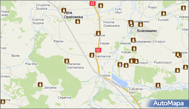 mapa Siemianice gmina Łęka Opatowska, Siemianice gmina Łęka Opatowska na mapie Targeo