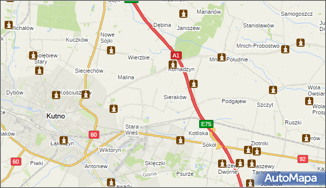 mapa Sieraków gmina Kutno, Sieraków gmina Kutno na mapie Targeo