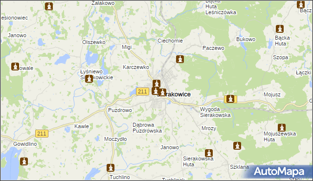 mapa Sierakowice powiat kartuski, Sierakowice powiat kartuski na mapie Targeo