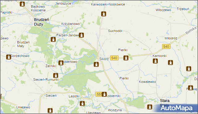 mapa Sikórz gmina Brudzeń Duży, Sikórz gmina Brudzeń Duży na mapie Targeo