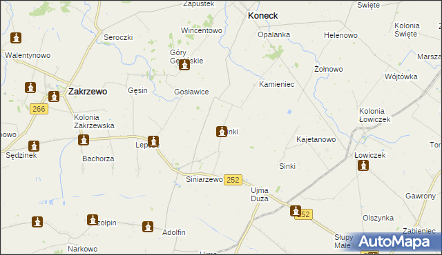 mapa Sinki gmina Zakrzewo, Sinki gmina Zakrzewo na mapie Targeo