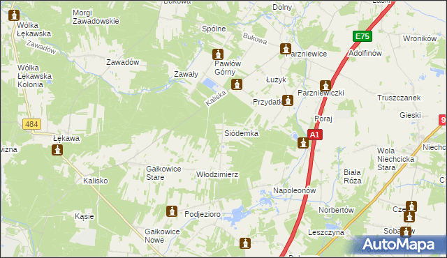 mapa Siódemka gmina Kamieńsk, Siódemka gmina Kamieńsk na mapie Targeo