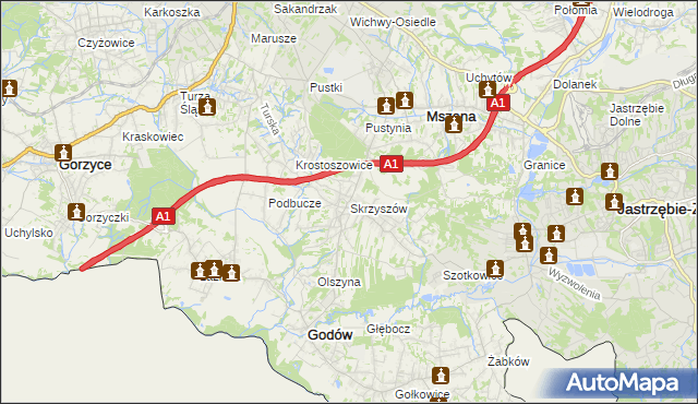 mapa Skrzyszów gmina Godów, Skrzyszów gmina Godów na mapie Targeo