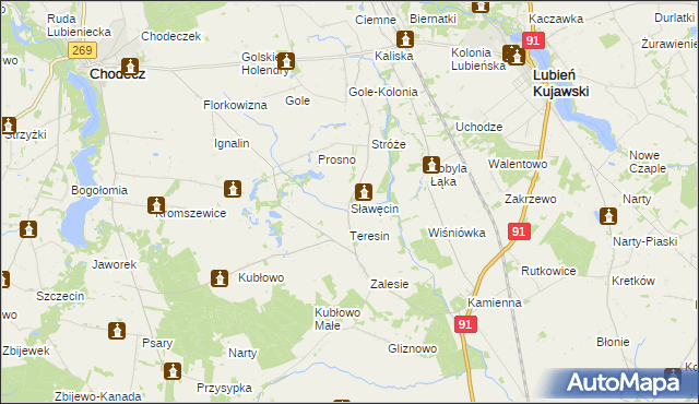 mapa Sławęcin gmina Lubień Kujawski, Sławęcin gmina Lubień Kujawski na mapie Targeo