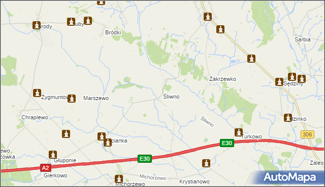 mapa Śliwno gmina Kuślin, Śliwno gmina Kuślin na mapie Targeo