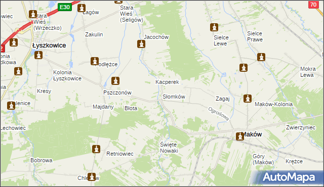 mapa Słomków gmina Maków, Słomków gmina Maków na mapie Targeo