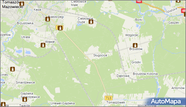 mapa Sługocice gmina Tomaszów Mazowiecki, Sługocice gmina Tomaszów Mazowiecki na mapie Targeo