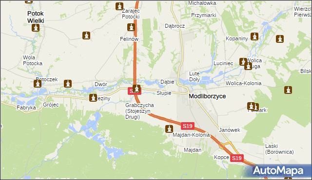 mapa Słupie gmina Modliborzyce, Słupie gmina Modliborzyce na mapie Targeo