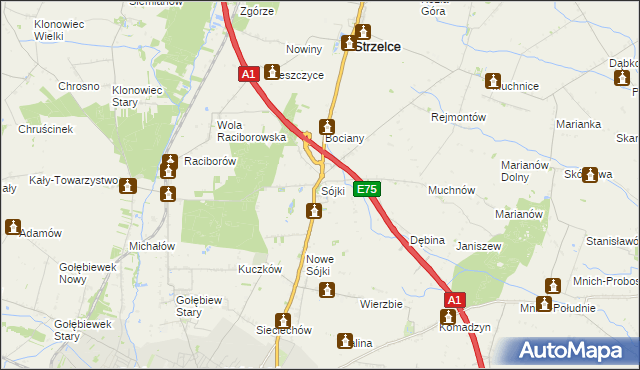 mapa Sójki gmina Strzelce, Sójki gmina Strzelce na mapie Targeo